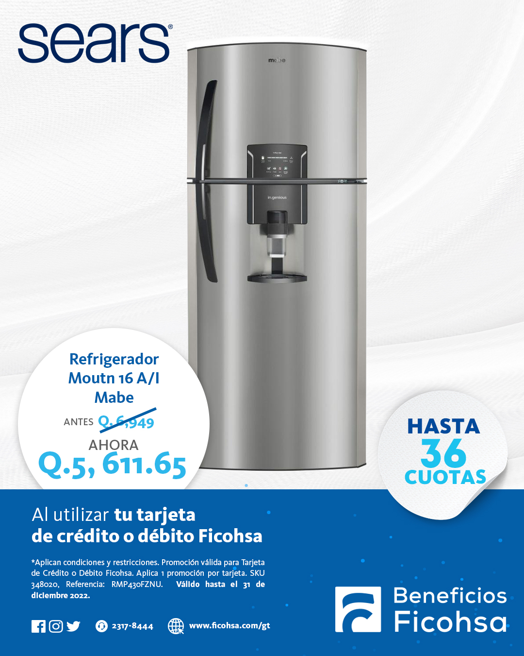 Refrigerador MABE a ¡PRECIO ESPECIAL! en Sears con tu Tarjeta Ficohsa