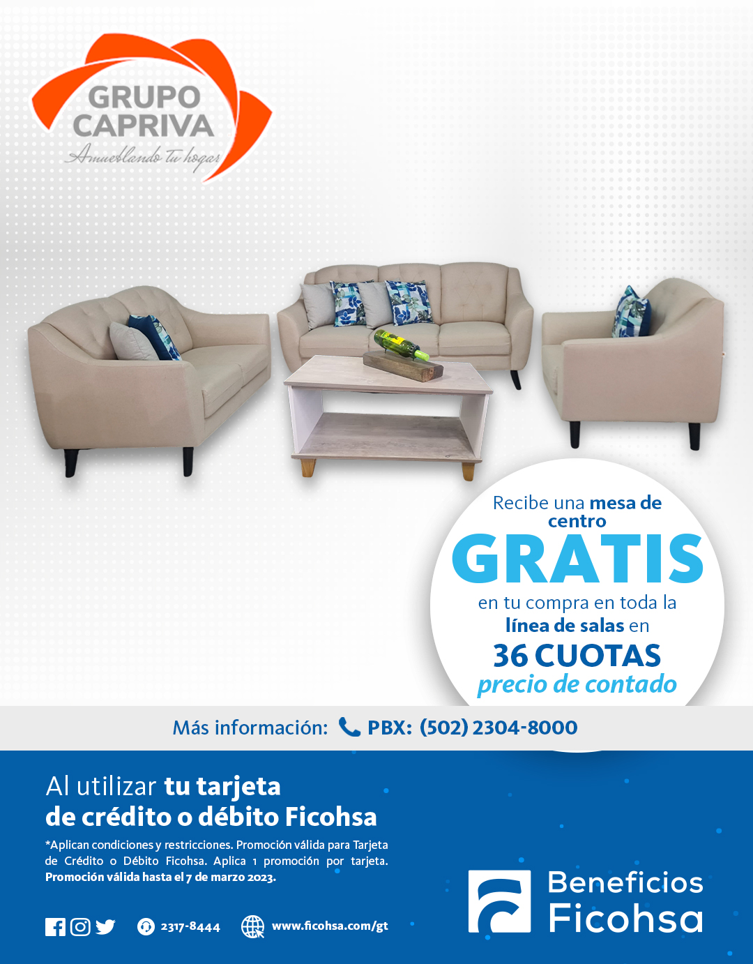 Llévate una Mesa de Centro GRATIS en la compra de tu sala en Grupo Capriva